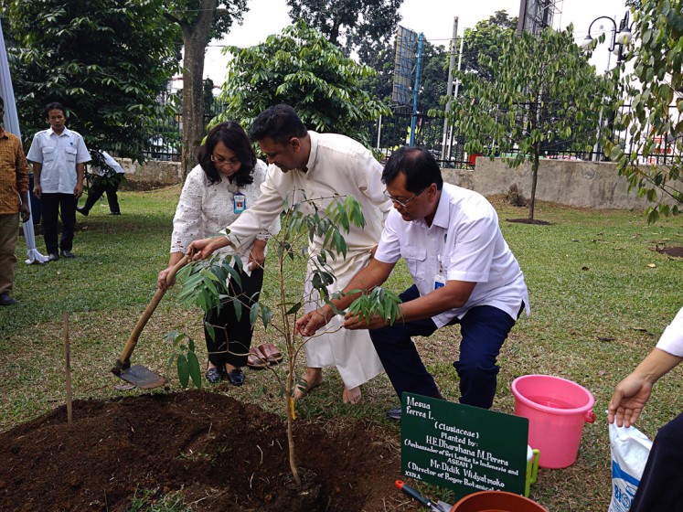Conserving the earth: Indonesian Institute of Sciences (LIPI) deputy chairman for biodiversity sciences Enny Sudarmonowati (left), Didik Widyatmoko of the Bogor Botanical Gardens' plant conservation center (center) and Sri Lankan Ambassador to Indonesia and ASEAN Dharshana M. Perera plant a na tree at the Bogor Botanical Gardens on July 2. 