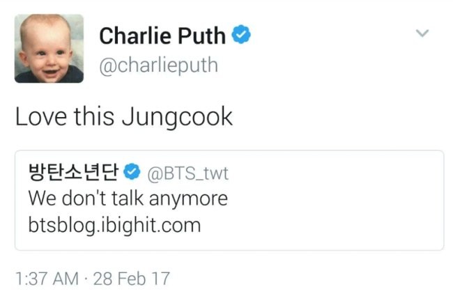 Charlie Puth and Jungcook interacting on Twitter.