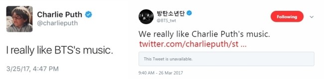 Charlie Puth and Jungkook interacting on Twitter.