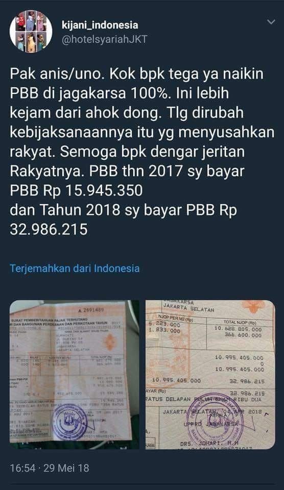 A screenshot of a posting through a twitter account that protest property tax increase for a property in Jagakarta, South Jakarta. The posting had been erased. 