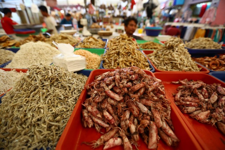 A wide variety of salted fish, shrimp and squid is sold in the market.