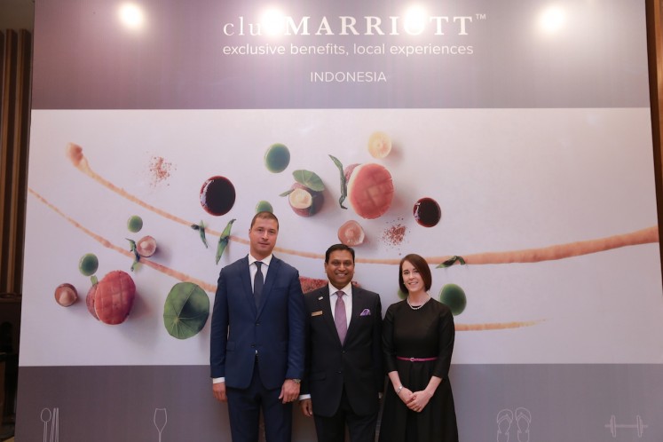 The launch of the new Club Marriott is attended by Marriott International food and beverage operations vice president Petr Raba (left), Westin Jakarta general manager
Arun Kumar (center) and area director of operations for Indonesia Marie Browne at The Westin Jakarta on July 31. 

