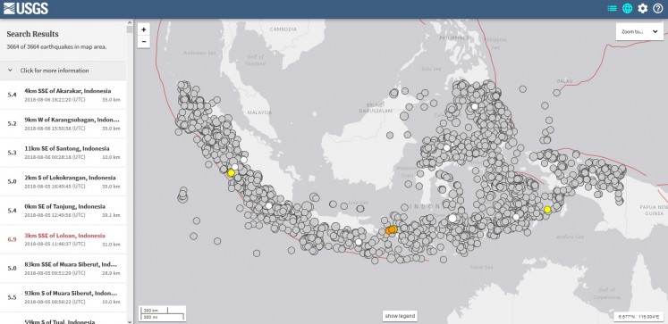 A screen capture of search results on the US Geological Survey website shows the Indonesian archipelago experienced at least 3,600 earthquakes of 5-magnitude and above between Jan. 1, 2005 and Aug. 7 this year.