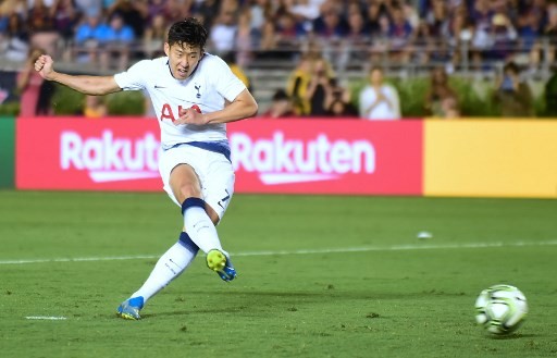 Son Heung-min of Tottenham Hotspur scores during a penalty shootout during the International Champions Cup football match between Barcelona and Tottenham Hotspur on July 28, 2018 in Pasadena, California. 

