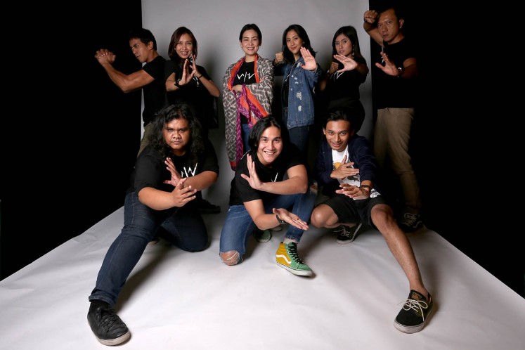 The Wiro Sableng cast and producer gear up for the movie release as actors Fariz Alfarazi (front row, left to right), Vino G. Bastian, Yusuf Mahardika, Dian Sidik (back row, left to right) and Ruth Marini as well as producer Sheila Timothy, Sherina Munaf, Gita Arifin and Teuku Rifnu Wikana pose for a photo.