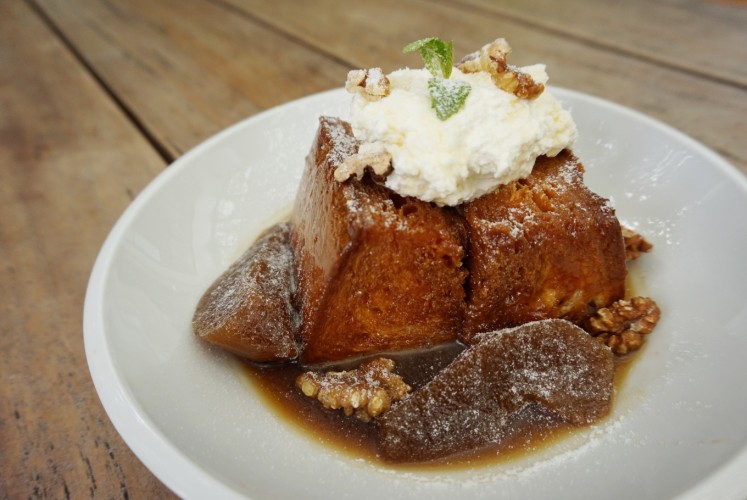 Beau's poached pear French toast, consisting of caramelized brioche and poached pear. 
