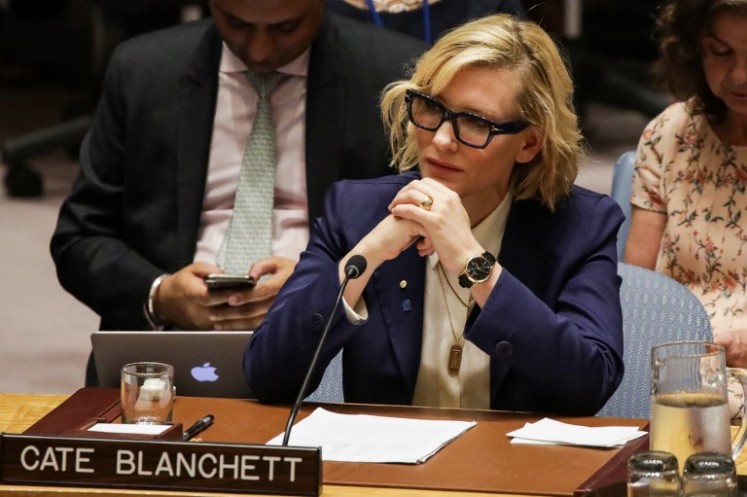 UNHCR Goodwill Ambassador Cate Blanchett listens during the United Nations Security Council on the situation in Myanmar at UN Headquarters in New York on August 28, 2018. 
DOMINICK REUTER / AFP