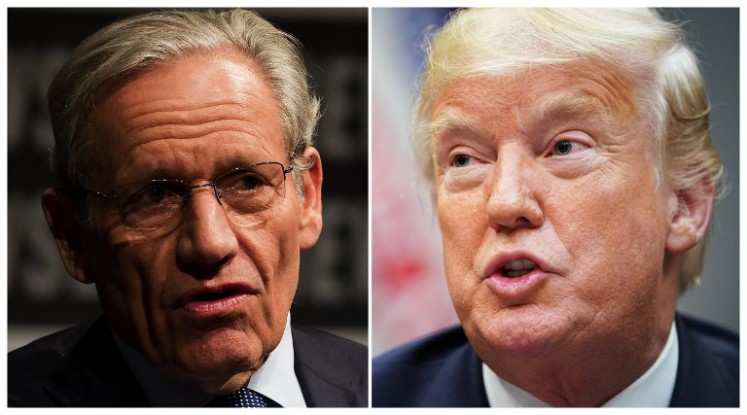 This combination of file photos created September 4, 2018 show Associate Editor of the Washington Post Bob Woodward (L) speaking at the Newseum during an event marking the 40th anniversary of Watergate at the Newseum in Washington, DC June 13, 2012; and US President Donald Trump speaking during an event to announce a grant for drug-free communities support program, in the Roosevelt Room of the White House in Washington, DC, on August 29, 2018. The White House under President Donald Trump is mired in a perpetual 