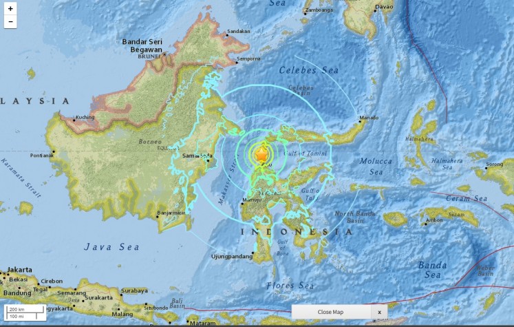 A screen capture of a map from US Geological Survey website of the location of earthquake in Donggala, Central Sulawesi on Sept. 28, 2018 at 5:02 p.m. Jakarta time.