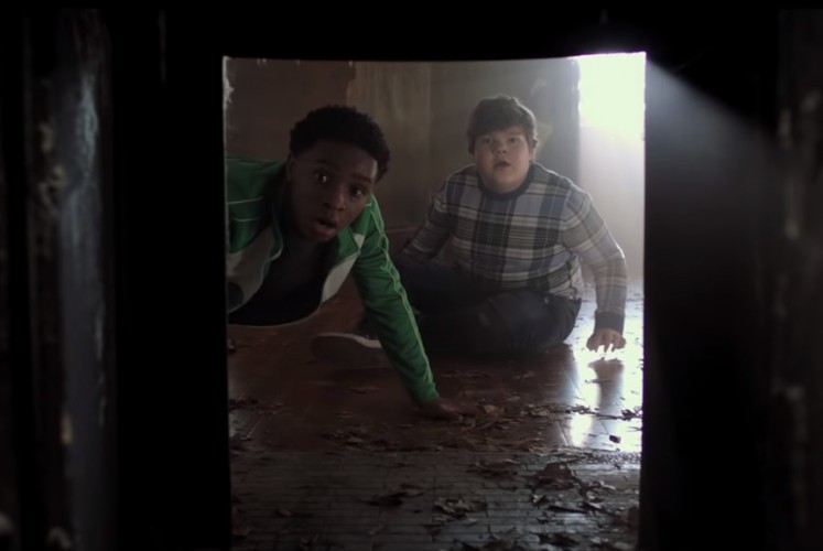 A still from 'Goosebumps 2: Haunted Halloween' when friends Sonny (Jeremy Ray Taylor, right) and Sam (Caleel Harris, left) meet Slappy for the first time. 