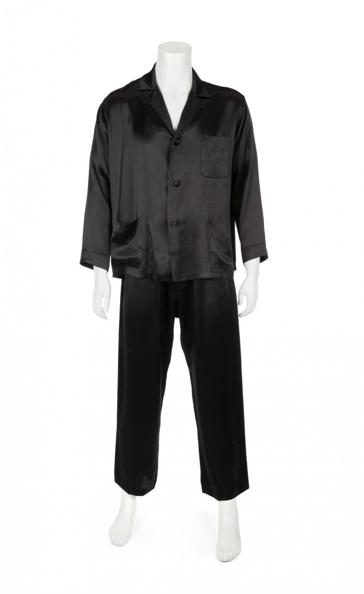 Playboy founder Hugh Hefner's trademark black silk pajamas from Hugh Hefner collection going up for sale as part of an auction of his belongings is seen in this image released by Julien's Auctions in Culver City, California, U.S., October 11