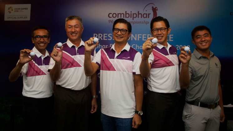 Say cheese: Executives and an Indonesian golfer pose for a photograph at a press conference on the 2018 Combiphar Players Championship. Pictured are (from left to right) New Kuta Golf Bali (Pecatu) general manager Bagus W Kurniadji, Asian Tour chairman Jimmy Marsin, Combiphar president director Michael Wanandi, Professional Golf Association Tour of Indonesia chairman Johannes Dermawan and professional golfer Elki Kow. Entering its third anniversary, it is hoped that the Combiphar Players Championship will help improve the rankings of professional Indonesian golfers so that they can compete in prestigious competitions, such as the 2020 Summer Olympics.