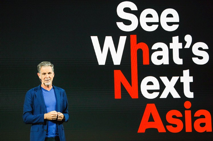 Conquering the east: Reed Hastings delivers his opening remarks at Netflix’s “See What’s Next: Asia” event at the Marina Bay Sands Hotel in Singapore on Thursday. 