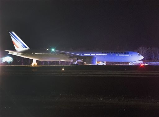 An Air France plane sits on the tarmac after it was diverted to Halifax Stanfield International Airport near Halifax, Nova Scotia, Nov. 18, 2015.
