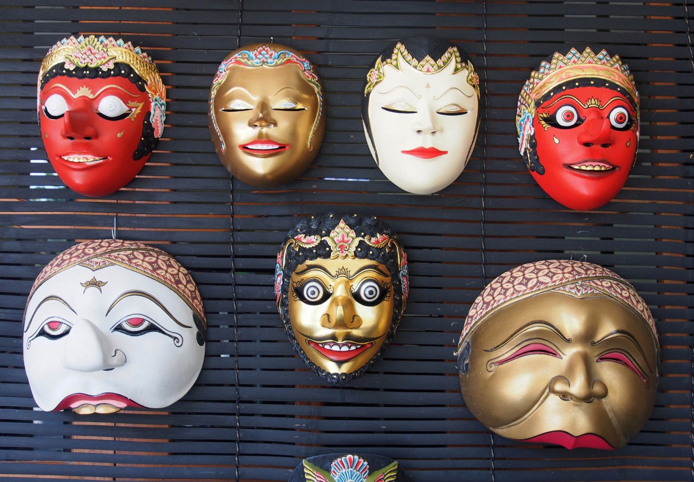  A variety of colorful masks used in dance performances.