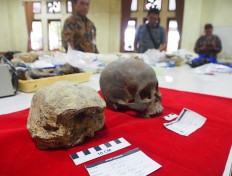 This picture shows an archaic Homo erectus skull fossil (left) discovered in an area along Bojong River, Plupuh, Sragen, Central Java, in February 2016.