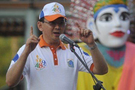 Jakarta Governor Basuki "Ahok" Tjahaja Purnama speaks during a preparatory event for Jakarta's 489th anniversary at the Betawi Culture Viillage of Setu Babakan in South Jakarta on May 28.