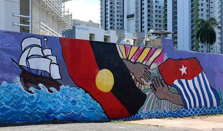 The mural featuring the Free Papua Movement flag in Darwin. It was painted in June 2015. 