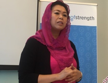 Yenny Wahid, director of the Wahid Foundation, speaks during the launch of the #PositionOfStrength campaign on April 22, 2016 at the Twitter Indonesia office in Jakarta. The joint campaign initiated by the Wahid Foundation and Twitter Indonesia promotes a woman-friendly internet environment in the country.