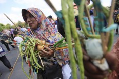A woman wins a handful of vegetables and fruit from the gunungan offerings. (JP/Dhoni Setiawan)
