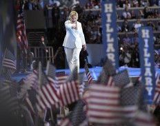 Democratic presidential nominee Hillary Clinton takes the stage during the final day of the Democratic National Convention in Philadelphia , Thursday, July 28, 2016. AP Photo/Mark J. Terrill
