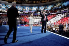 Democratic presidential nominee Hillary Clinton waves to delegates after her speech during the final day of the Democratic National Convention in Philadelphia, Thursday, July 28, 2016. AP Photo/Mary Altaffer