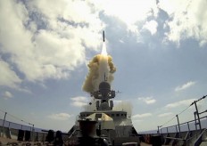 In this frame grab provided by Russian Defense Ministry press service, a long-range Kalibr cruise missile is launched by a Russian Navy ship in the eastern Mediterranean, on Aug. 19, 2016. The Russian military says two of its ships have launched cruise missiles at targets in Syria from eastern Mediterranean.