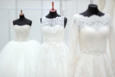 Hand-painted dresses on display at wedding exhibition