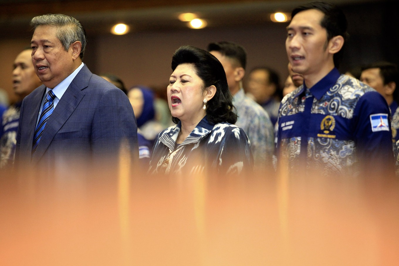 Former president and chairman of the Democratic Party Susilo Bambang Yudhoyono (left), his wife Ani Yudhoyono (center) and their youngest son Edhie Baskoro Yudhoyono attend the Democratic Party's 14th anniversary celebration at the House of Representatives complex on Sept. 9, 2015.