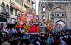 Idols of elephant-headed Hindu god Ganesha are taken on trucks in a procession before immersing them in the Hussain Sagar Lake on the final day of the festival of Ganesh Chaturthi in Hyderabad, India, Thursday, Sept. 15, 2016. The immersion marks the end of the ten-day long festival that celebrates the birth of the Hindu god. AP Photo/Mahesh Kumar A
