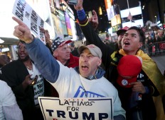 Supporters of Republican presidential candidate Donald Trump react to reports that he had won North Carolina while they were watching results in Times Square, New York, Tuesday, Nov. 8, 2016. AP Photo/Seth Wenig
