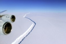 This Nov. 10, 2016 aerial photo released by NASA, shows a rift in the Antarctic Peninsula's Larsen C ice shelf. According to NASA, IceBridge scientists measured the Larsen C fracture to be about 70 miles long, more than 300 feet wide and about a third of a mile deep.