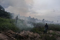 Man-made disaster – A photo journalist attempts to avoid thick smoke from burning scrub as he covers land fires in Pekanbaru, Riau, on Jan.11. 