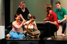 Actors from UPI's Teater Lakon acted on stage alongside students of La Trobe  University Student Theater and Film, Australia, in UPI Cultural Building on Feb. 20, 2017.