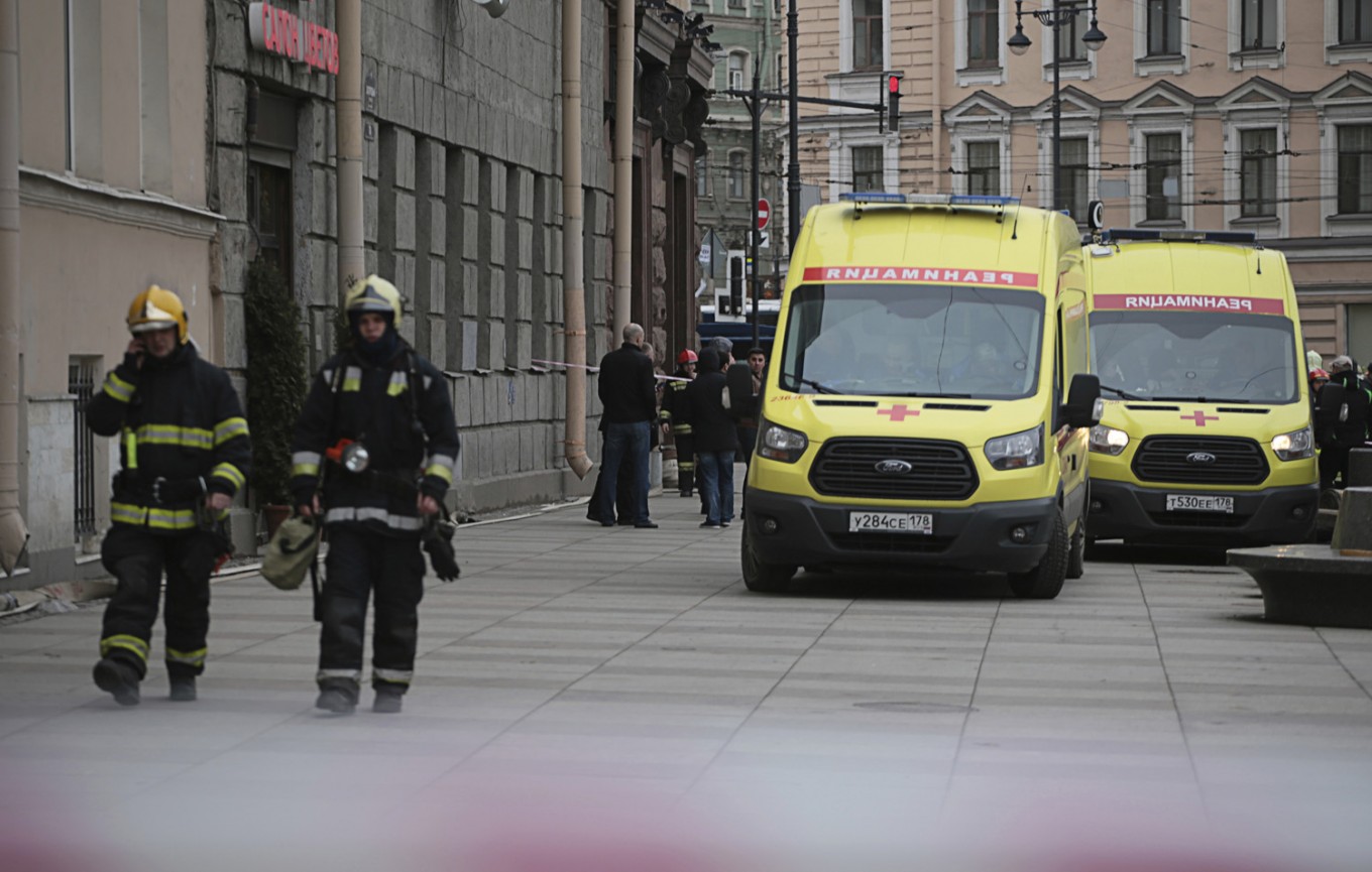 On alert: Russian emergency service patrol an area near to the Tekhnologicheskaya metro station after an explosion in St.Petersburg subway in St.Petersburg, Russia, on April 3 with fatalities and many injured in the subway train blast. A spokesman for Russia's top anti-terror agency says law enforcement agents have found and defused another explosive device on St. Petersburg's subway. 