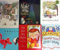Shortlisted for the award are (clockwise from top left) Home by Sun Hsin-yu; Night In The Gardens by J.H. Low; Don't Be Sorry, Dad! by Nari Hong; Grandma And The Things That Stay The Same by Eve Aw and Tan Yun Ru; Tiny Feet, Tiny Shoes by Adeline Foo and Beth Parrocha; and Chikibam Meow by Chiki Kikuchi.