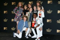 Cast of 'Stranger Things', winner of the Show of the Year pose, in the press room during the 2017 MTV Movie & TV Awards at the Shrine Auditorium in Los Angeles, California, on May 7, 2017. 