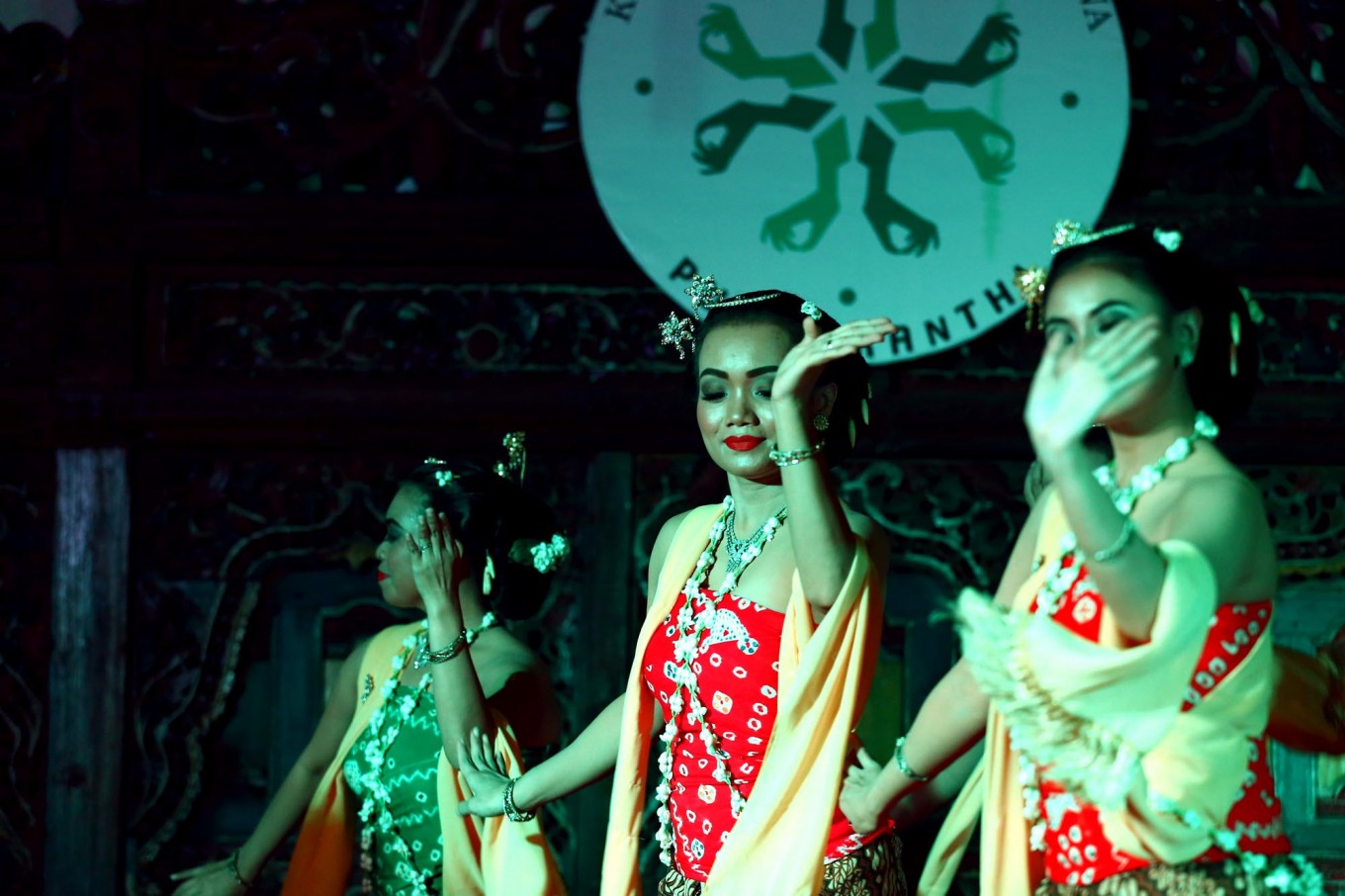 Six female dancers perform the 'gambyong pangkur' dance during the Purwakanthi gathering at Balai Sarwono, Jakarta, on May 31. 