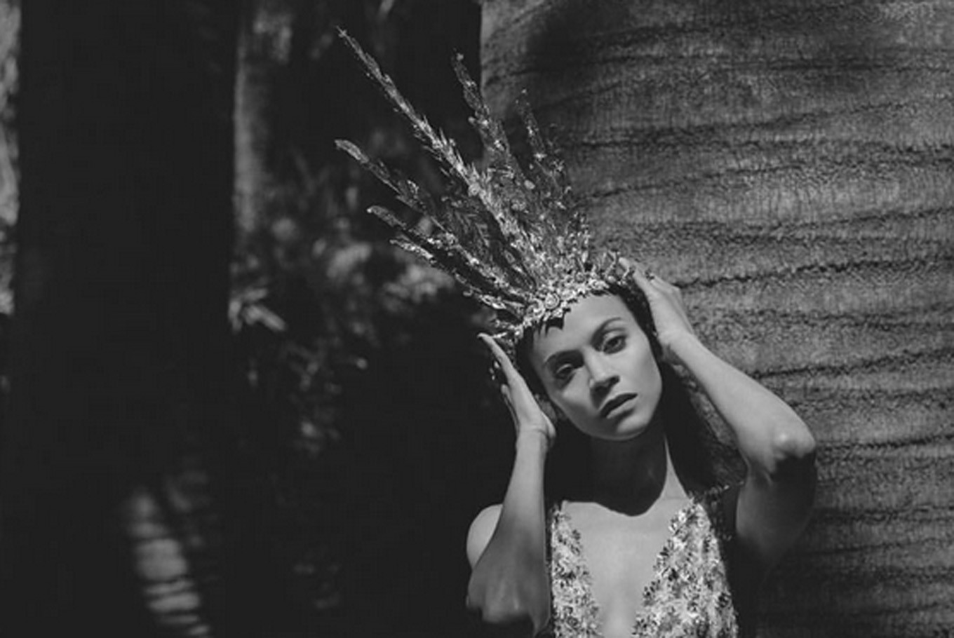 Zoe Saldana wears a crown made by Rinaldy Yunardi during a photo shoot for C Magazine.