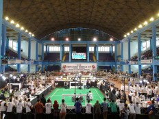 Teams compete at the 2017 National Robot Contest at the gymnasium of the Indonesia University of Education (UPI) in Bandung. Ninety-three teams from 48 universities competed. JP/Arya Dipa