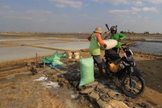 Two farmers lift sacks of salt into a motorcycle. They will sell the salt to a collector in Santing village. Antara/Dedhez Anggara