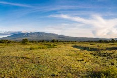 A panoramic view of a plane with Mount Tambora looming in the background.
