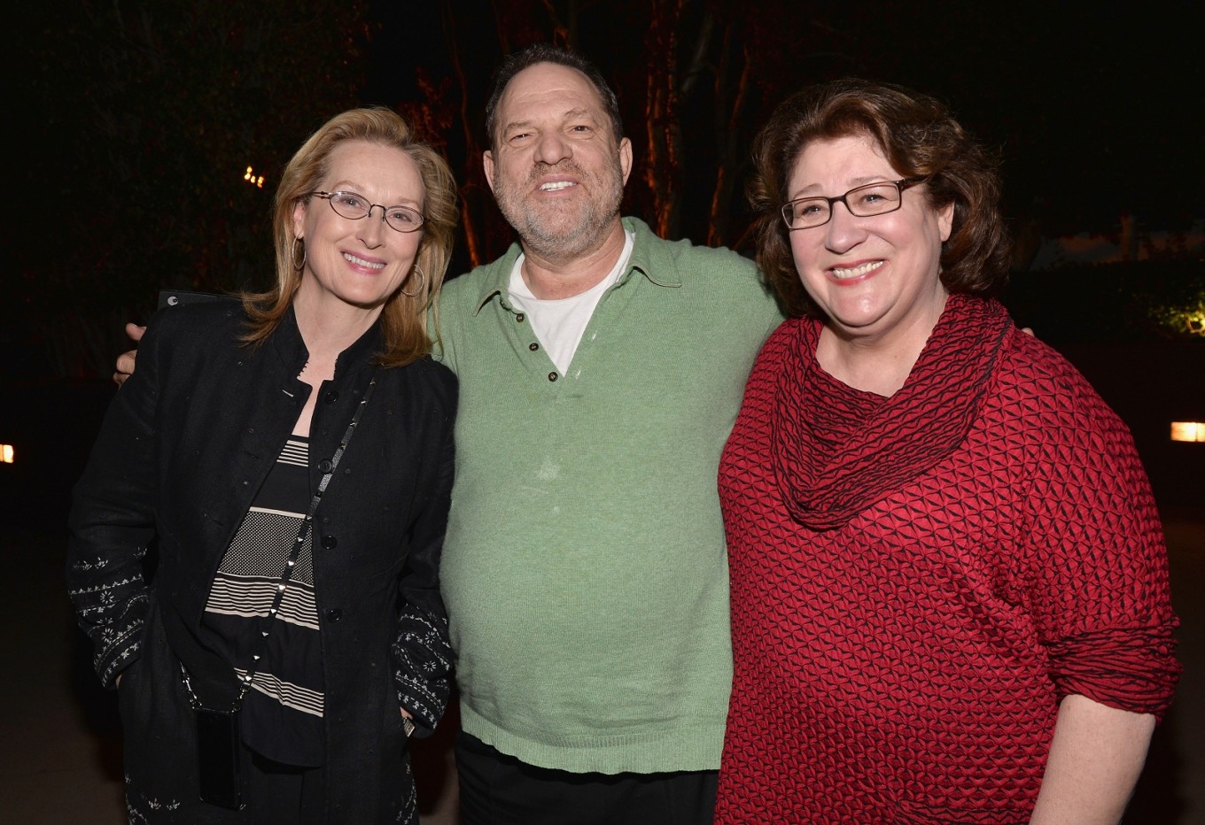 This file photo taken on January 4, 2014 shows Actress Meryl Streep, producer Harvey Weinstein and actress Margo Martindale attending a Q&A session following a screening of The Weinstein Co.'s "August: Osage County" at the DGA Theater in Los Angeles, California. 
