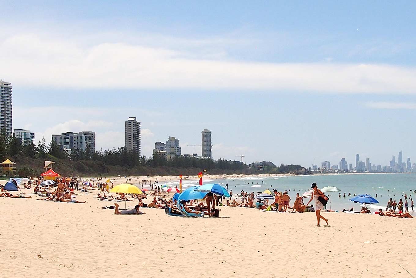 People enjoy the weekend at Burleigh Heads Beach on the Gold Coast, Australia.
