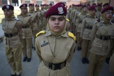 In this picture taken on October 25, 2017, Pakistani cadets parade at the Pakistan Army's first Girls' Cadet College in Mardan. At a revolutionary school in Pakistan, Durkhanay Banuri dreams of becoming military chief, once a mission impossible for girls in a patriarchal country where the powerful army has a severe problem with gender equity.