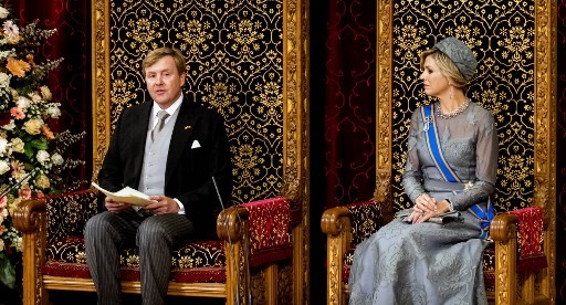 This file photo taken on September 19, 2017 shows 
Dutch King Willem-Alexander delivering his 'Speech from the Throne' next to Queen Maxima in the Ridderzaal (Knights' Hall), during 'Prinsjesdag' (Prince's Day) in The Hague. Dutch MPs were on February 8, 2018 to debate scrapping 19th century laws making it a criminal offence to insult the king, with backers of a draft bill saying they no longer fit a 