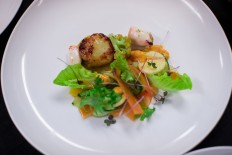 Pan-seared scallops with slow-cooked baby squid, served with 'asinan' salad and prawn curry at the VIN+ Tasty Synergy dinner