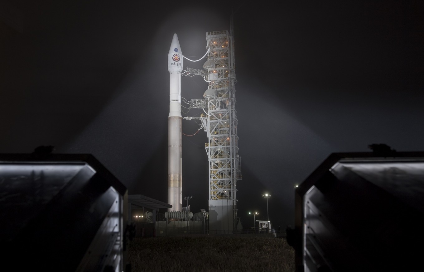 In this image released by NASA, the United Launch Alliance (ULA) Atlas-V rocket with the NASA InSight spacecraft onboard is seen shortly after the mobile service tower was rolled back on May 4, 2018, at Vandenberg Air Force Base in California. 