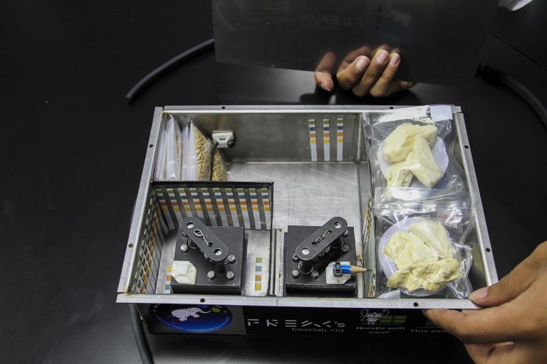 This handout picture taken on May 24, 2018 and released by Geo-Informatics and Space Technology Development Agency (GISTDA) on June 1, 2018 in Bangkok, shows packages of durian (R) and rice grains in a box, which is being prepared to send into orbit | AFP / The Jakarta Post