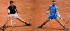 This combination of pictures created on June 8, 2018 shows Austria's Dominic Thiem (L) and Spain's Rafael Nadal (R) plays a forehand return to Argentina's Juan Martin del Potro during their men's singles semi-final matches on day thirteen of The Roland Garros 2018 French Open tennis tournament in Paris on June 8, 2018.